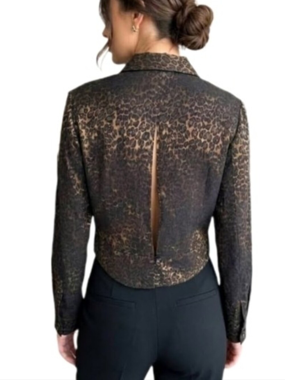 Sheri Martin Blouse Back Slit 1980s Leopard Print Button Vintage Brown Size 12P